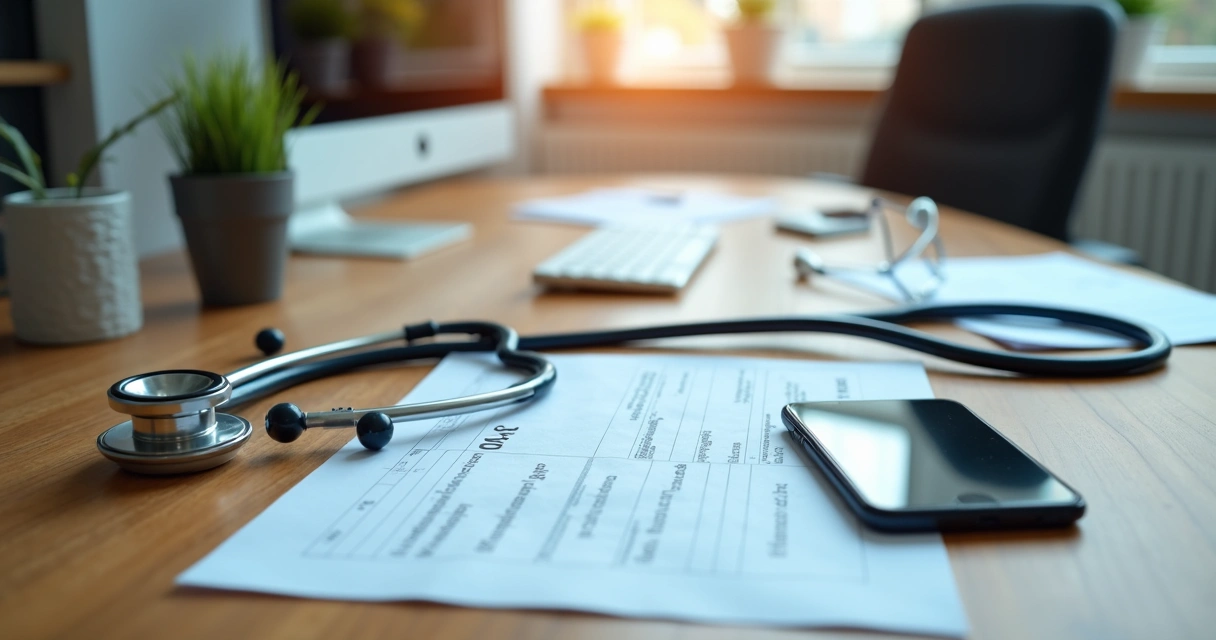 Clínica médica com documentos fiscais sobre a mesa 