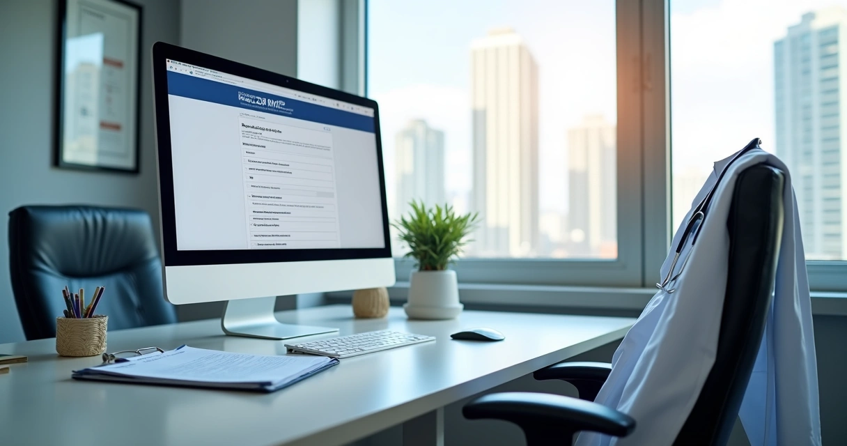 Sala de consultório médico com computador e documentos para abertura de CNPJ 