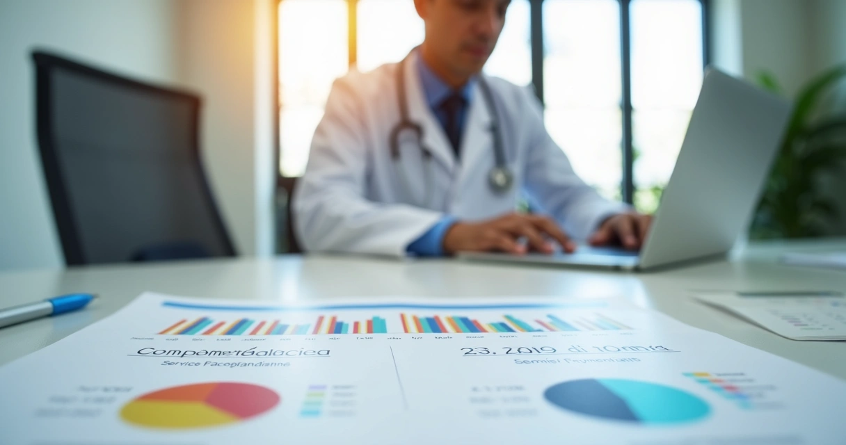 Consultório médico moderno com gráficos financeiros na mesa, mostrando comparação entre regime de caixa e de competência 