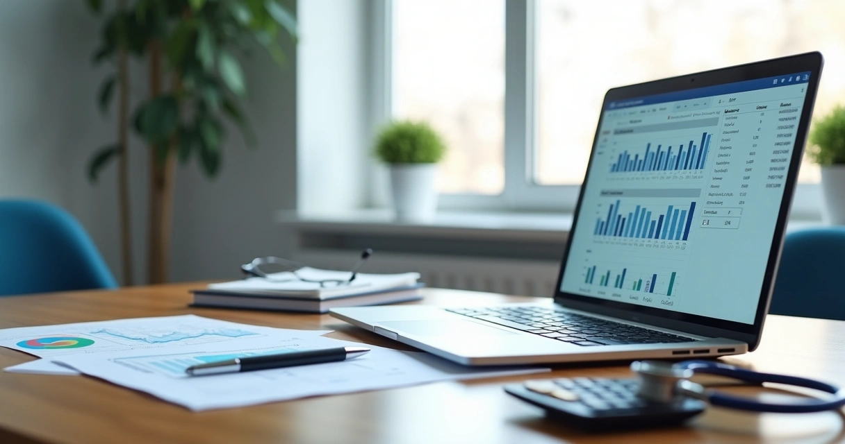 Mesa de consultório médico com documentos contábeis e laptop 