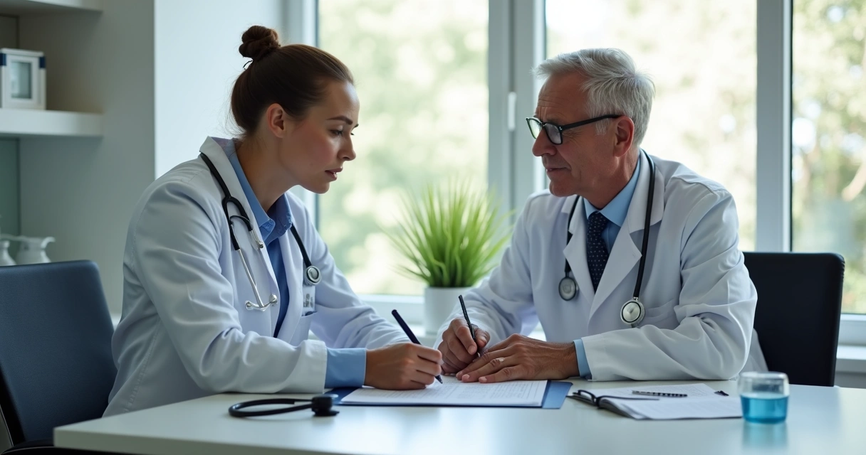 Médico assinando contrato de seguro em consultório 