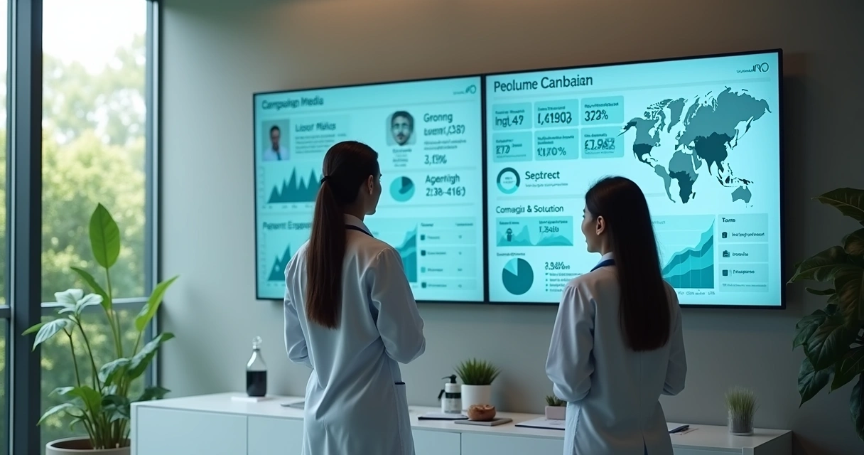 Consultório médico moderno com equipe analisando campanhas digitais 