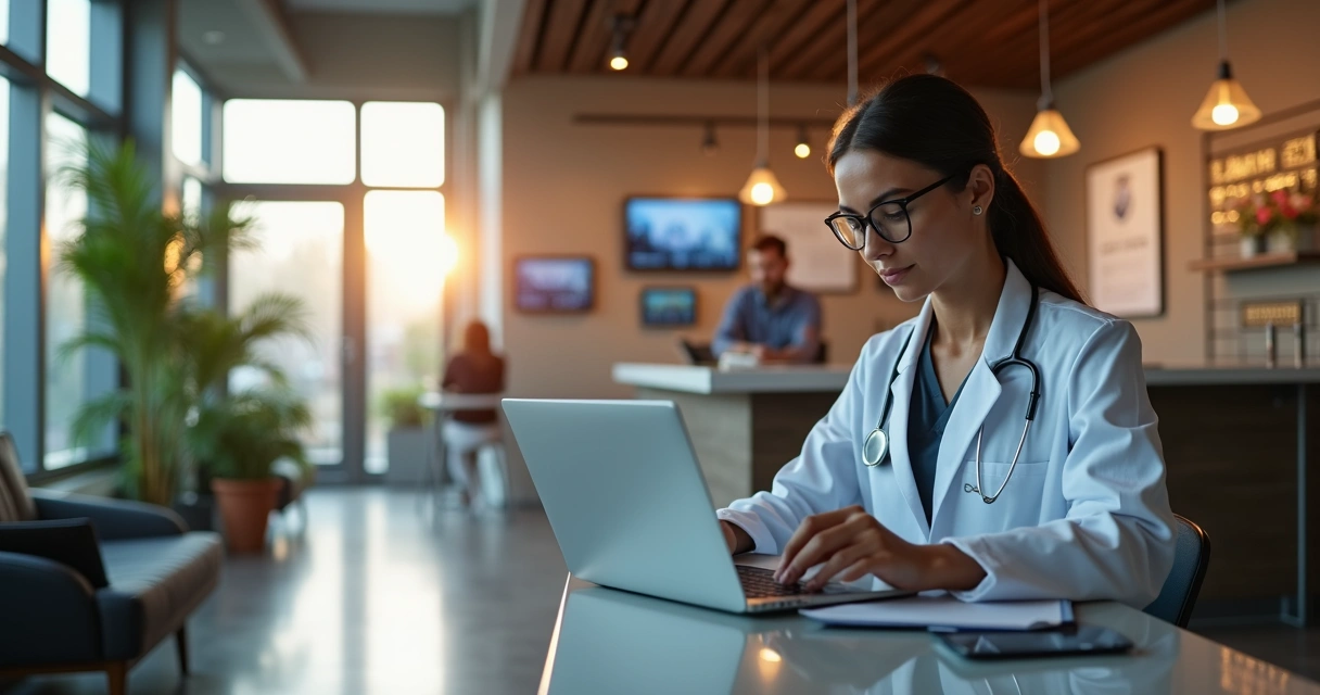 Consultório moderno com médico usando notebook em ambiente digital 