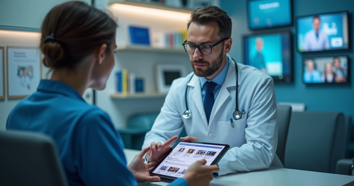 Consultório moderno com médico explicando conteúdo digital para paciente 