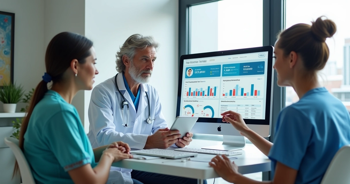 Equipe médica reunida em consultório usando computador e tablet 