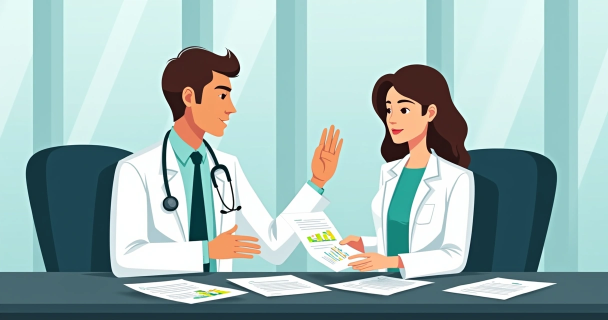 Profissional de saúde analisando papelada com paciente durante consulta 