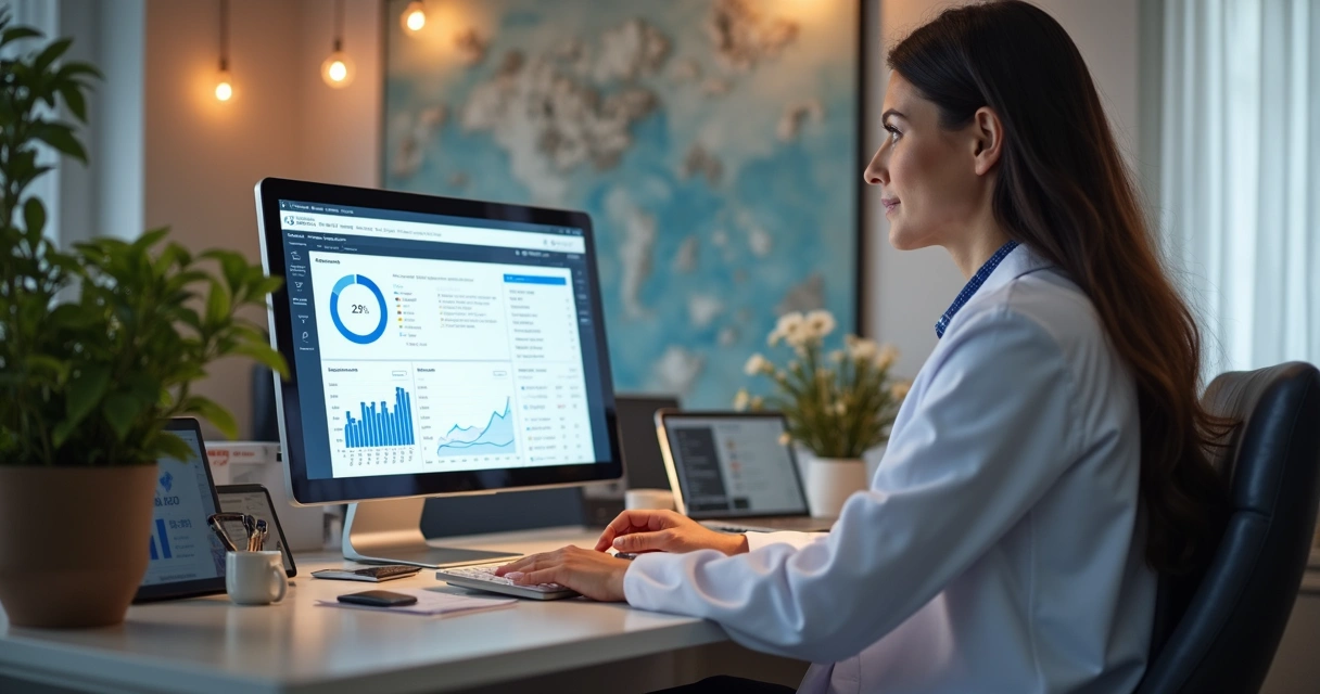 Consultório moderno com equipamentos digitais e tela mostrando gráficos digitais 