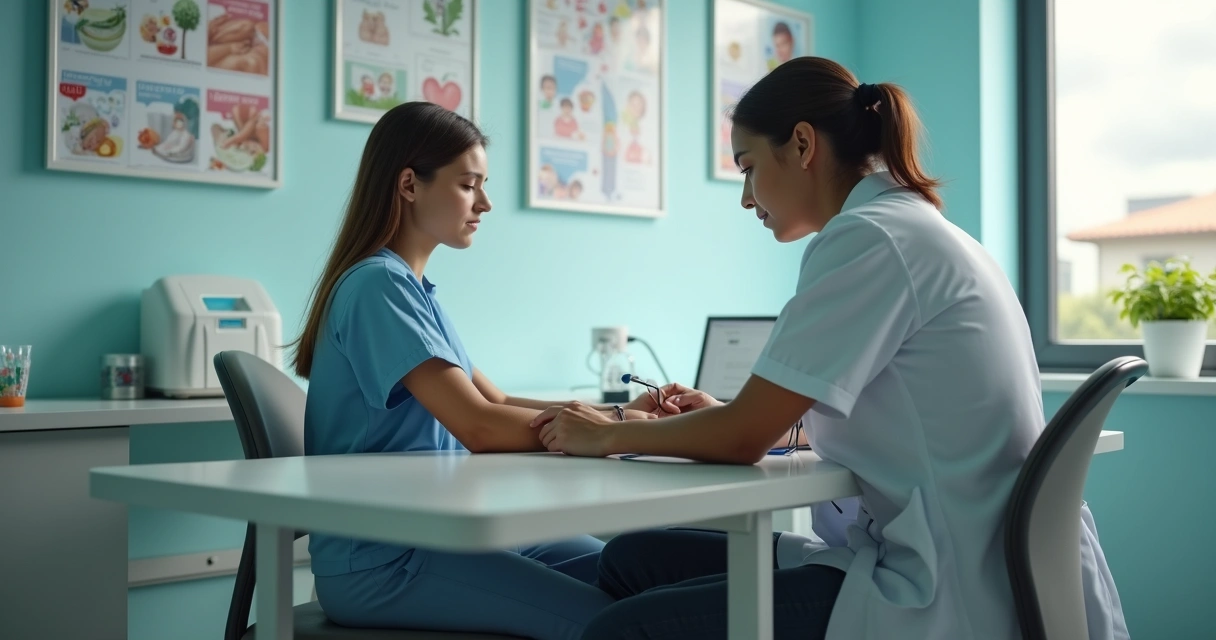 Paciente realizando exames laboratoriais em um consultório moderno 