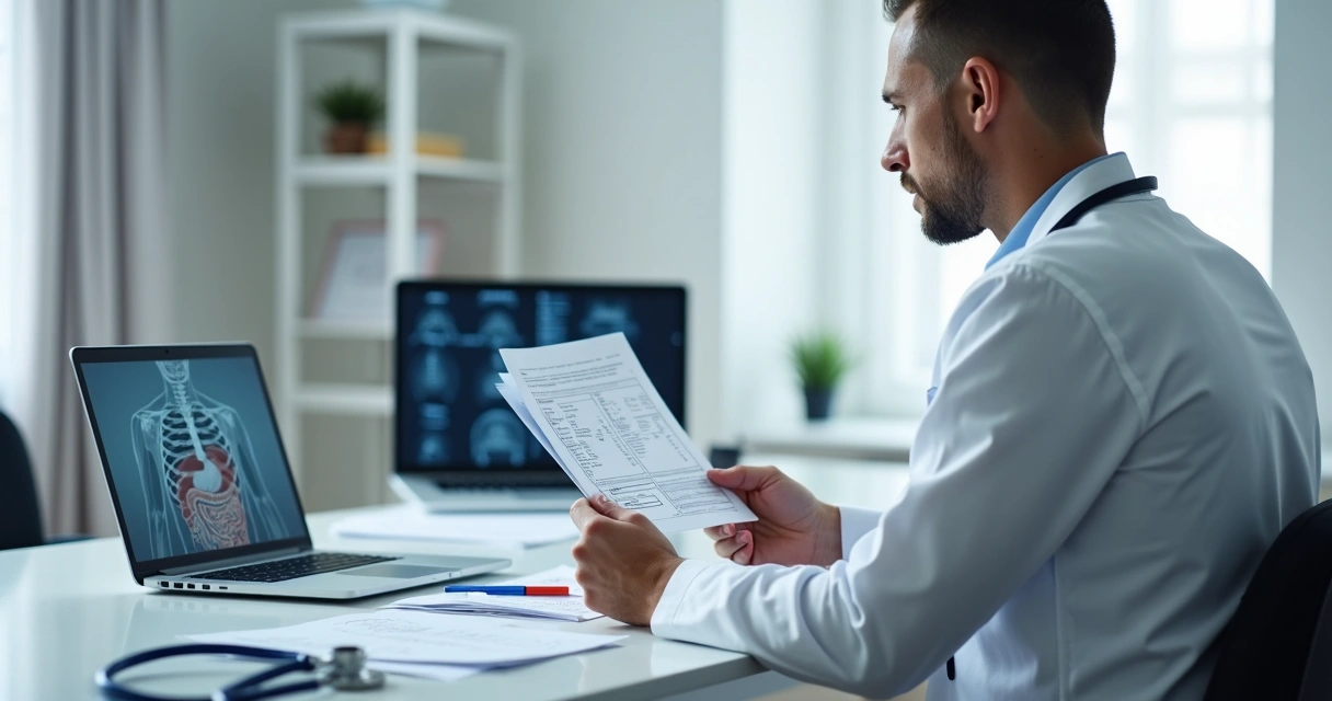 Médico analisando exames laboratoriais em consultório 