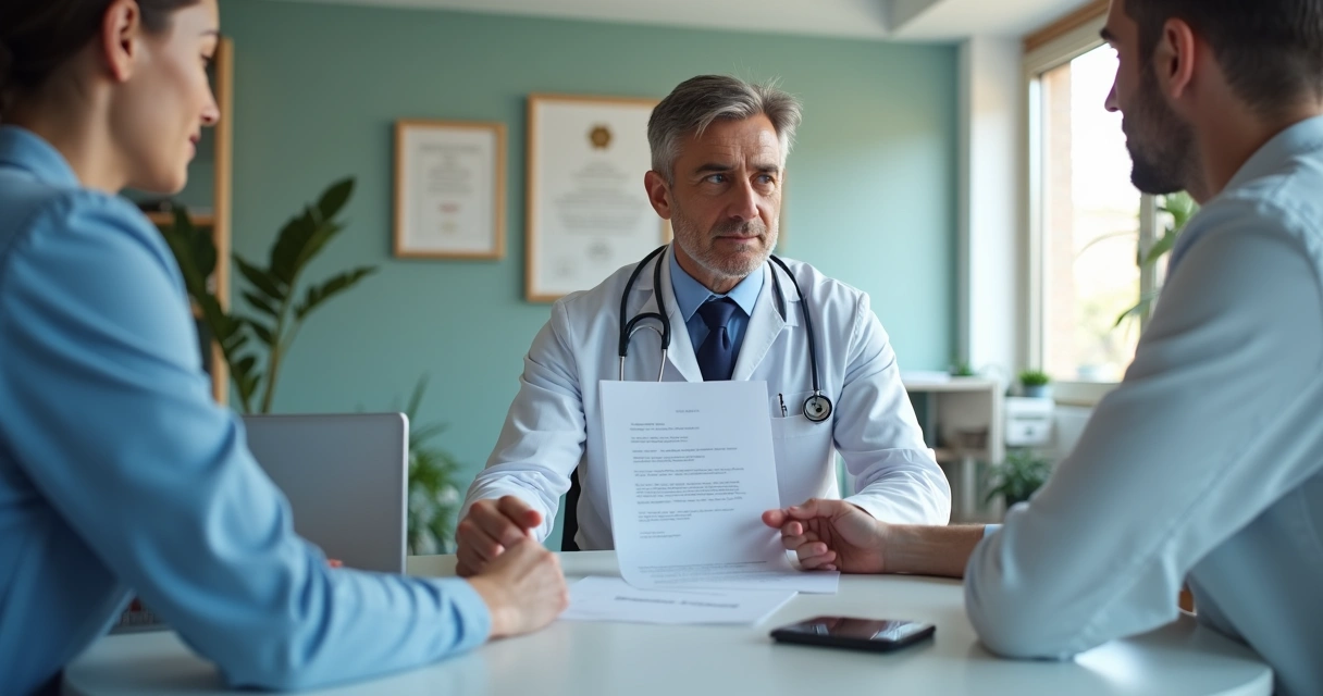 Médico explicando contrato para paciente em consultório