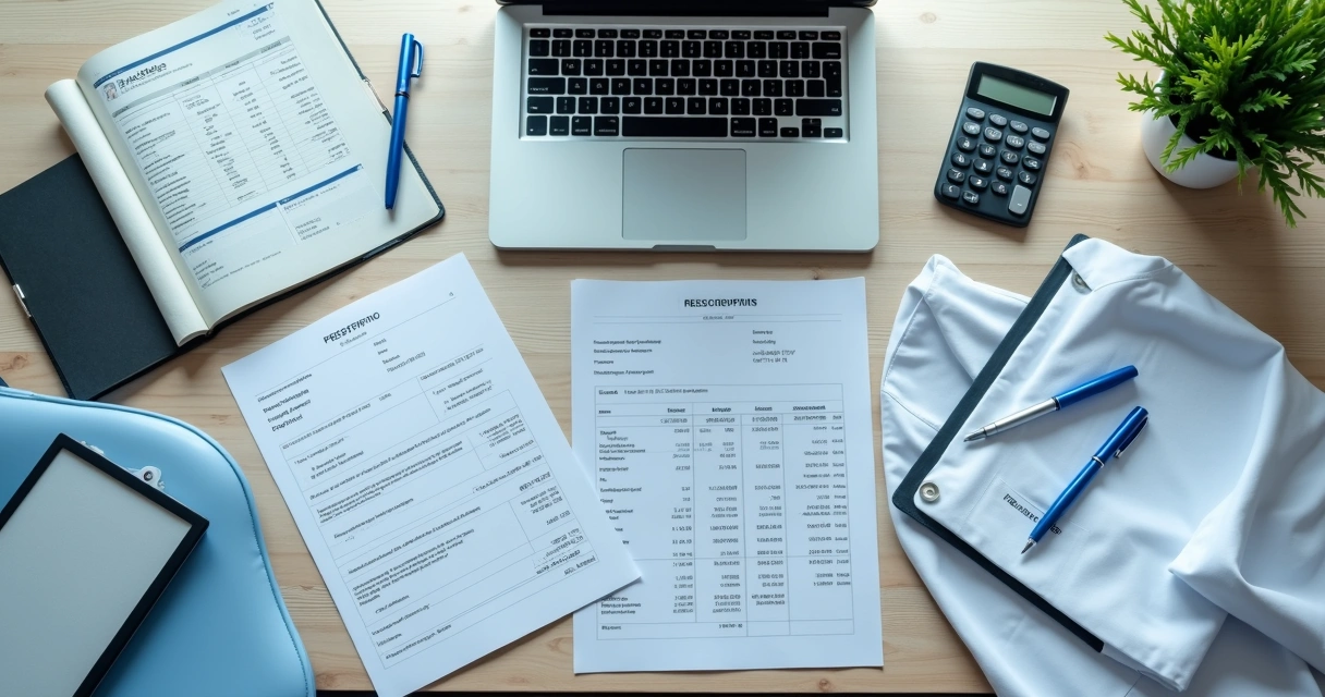 Mesa de consultório com documentos fiscais e notebook 
