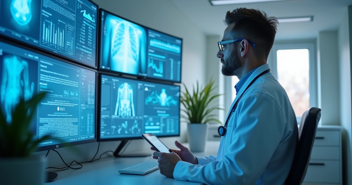 Consultório médico moderno com telas digitais e IA 