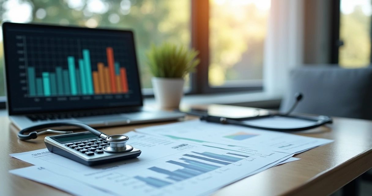 Consultório médico com papéis e calculadora sobre a mesa 