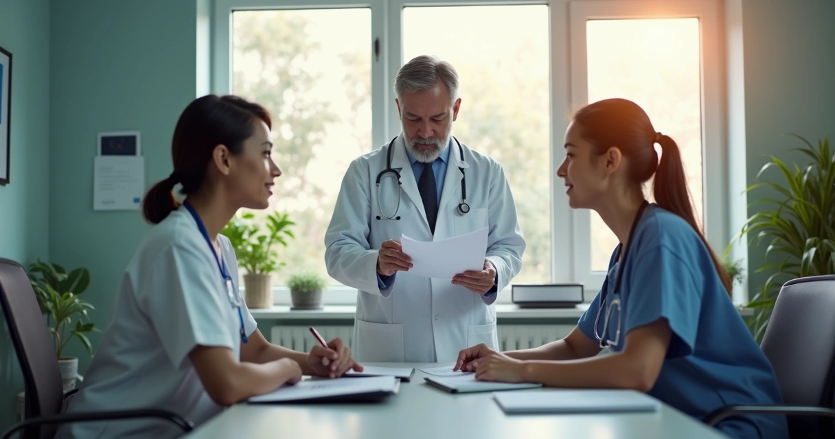 Médico entrega atestado impresso a paciente em consultório, com notebook mostrando documento digital na mesa 