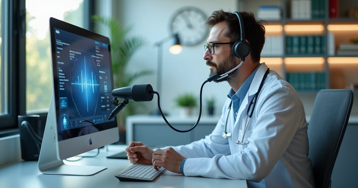 Consultório médico com tela de computador mostrando interface de IA e médico utilizando comando de voz