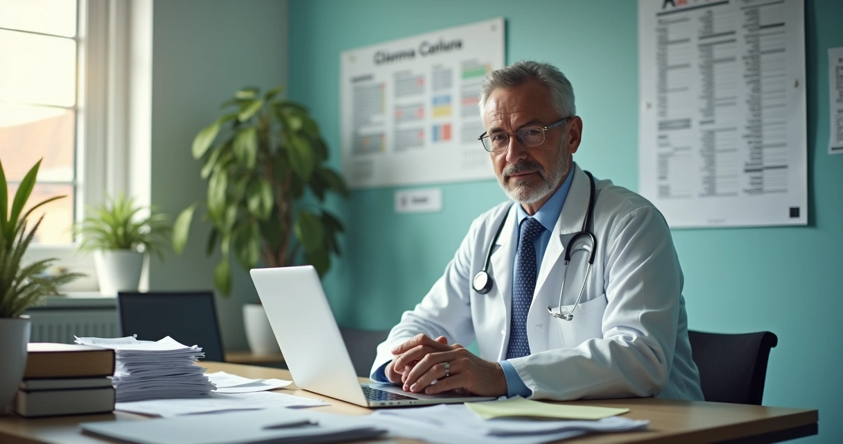 Médico sentado em consultório analisando documentos fiscais