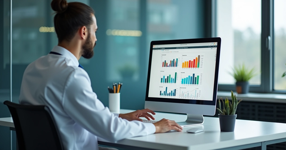 Consultório médico moderno com computador mostrando gráficos de marketing digital ao fundo 