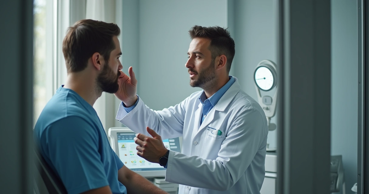 Ambiente de consultório médico masculino com profissional e paciente em avaliação 