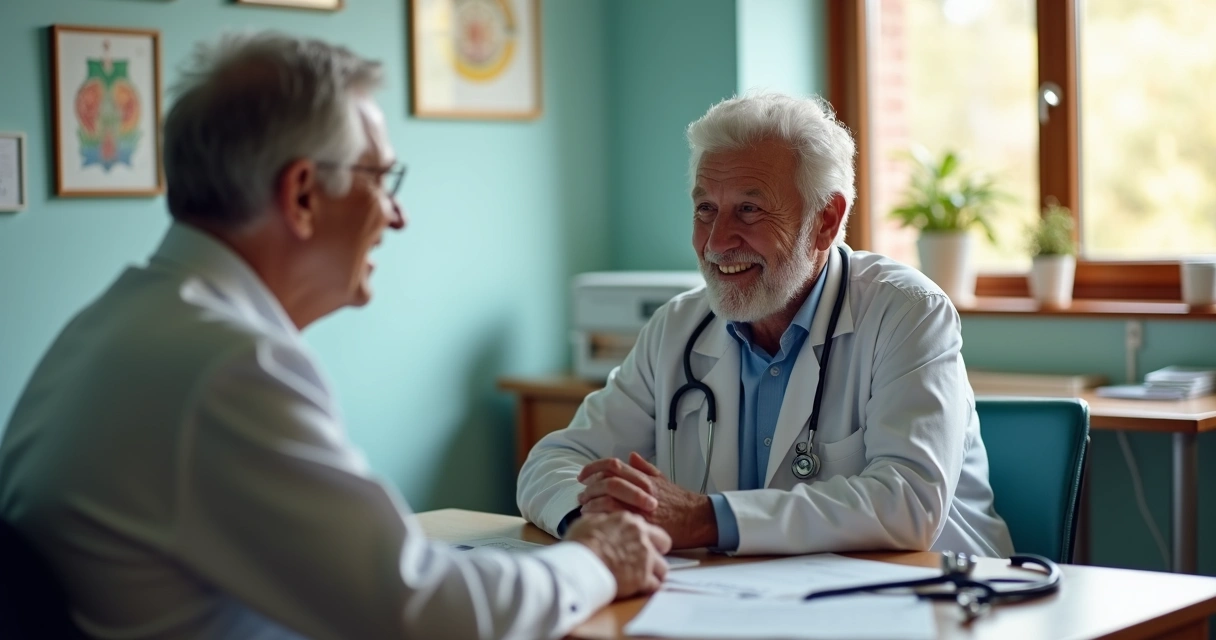 Consulta entre paciente maduro e médico no consultório 
