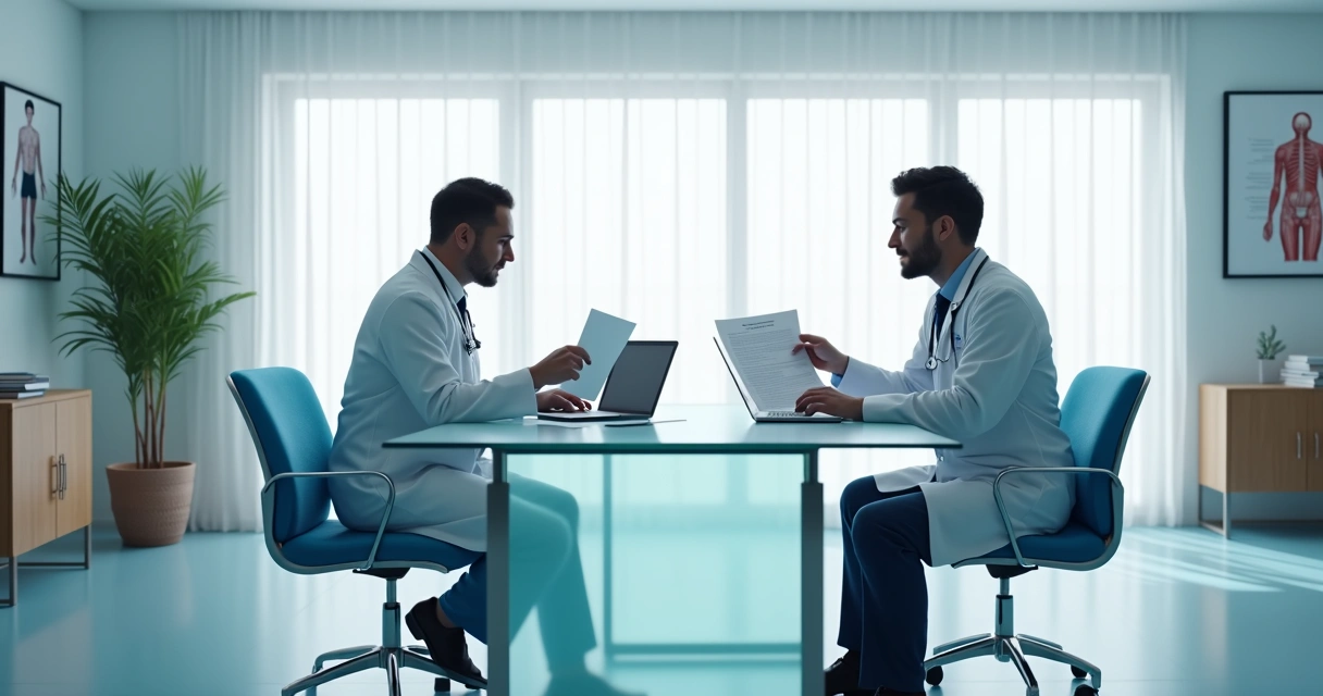 Consultório médico moderno com mesa de reunião e documentos 