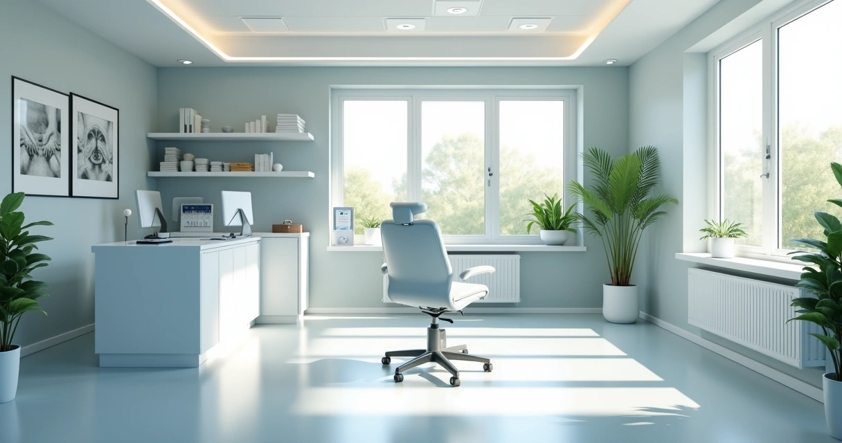 Consultório médico moderno com cadeira vazia e equipamentos. 