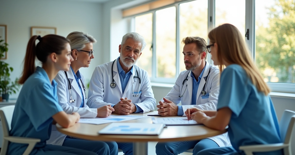 Consultório médico moderno e bem iluminado, com equipe reunida 