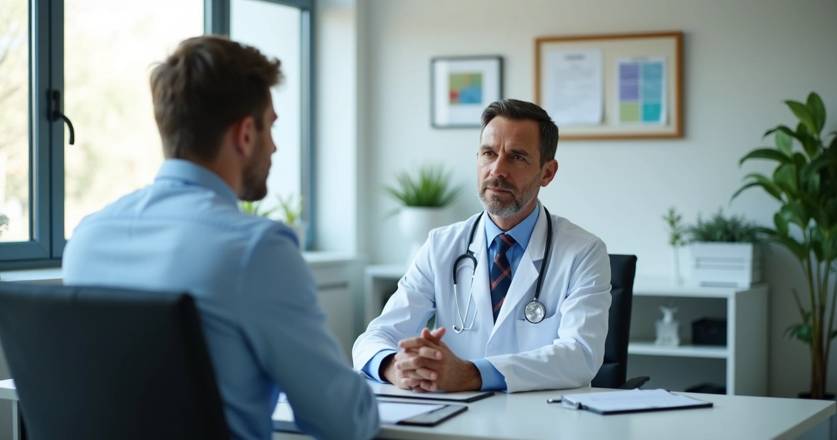 Consultório médico com médico e paciente em consulta 