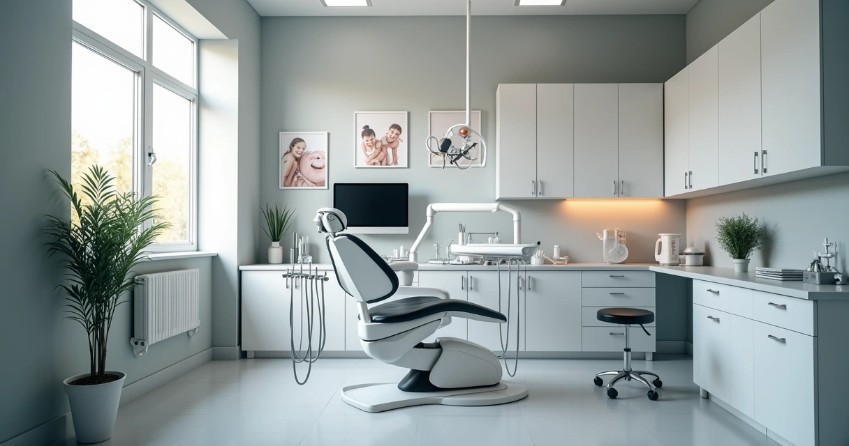 Consultório odontológico moderno com equipamentos e cadeiras organizadas 