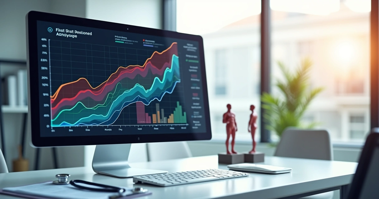 Sala de consultório médico moderna com computador exibindo gráfico de resultados de anúncios digitais 
