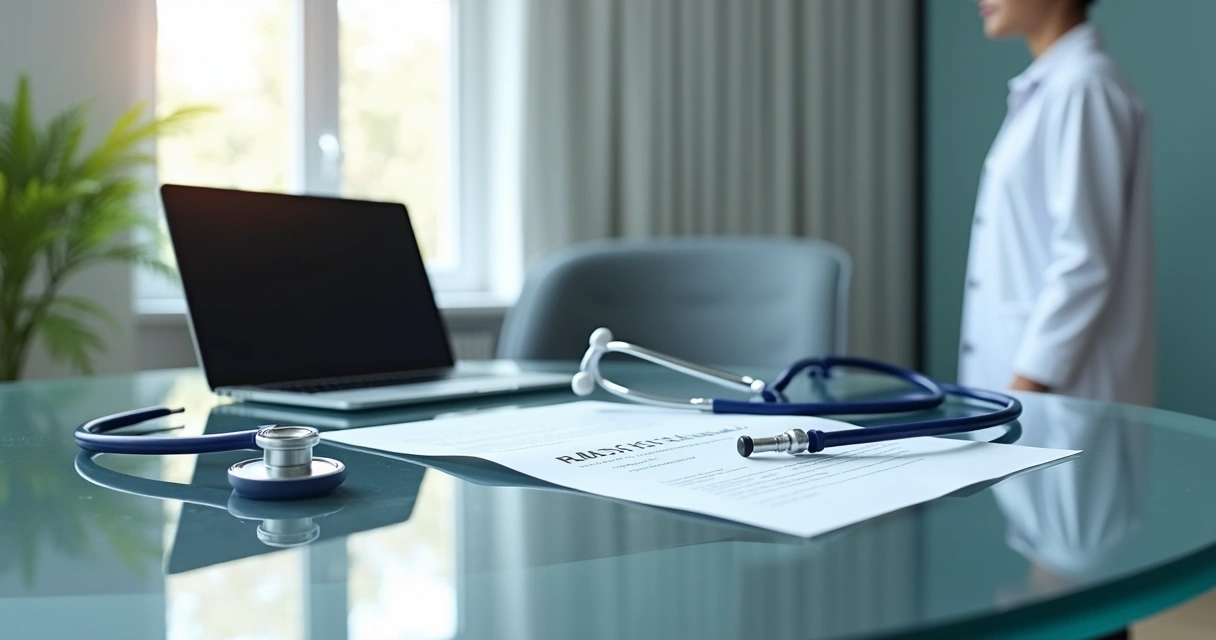 Consultório médico moderno com equipamentos e documentos empresariais