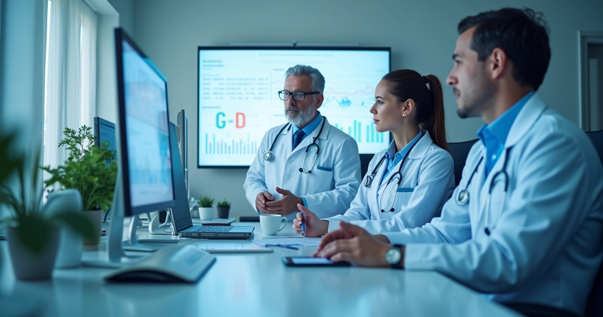 Consultório médico moderno com gráficos de crescimento e equipe