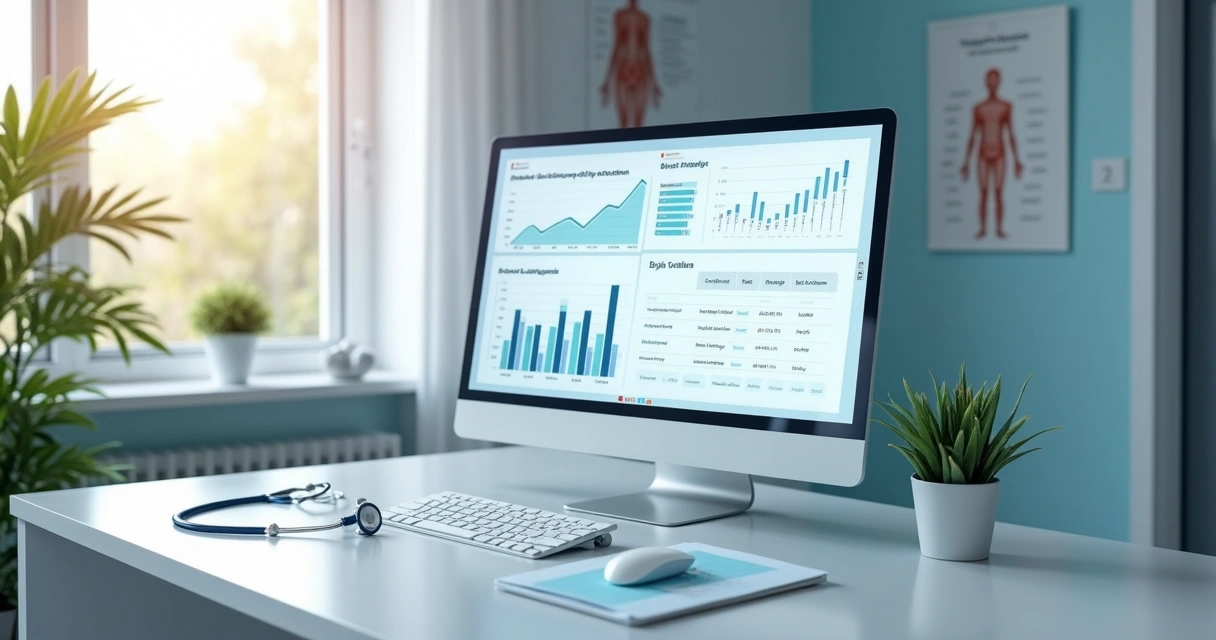 Consultório médico moderno com computador exibindo gráficos digitais 