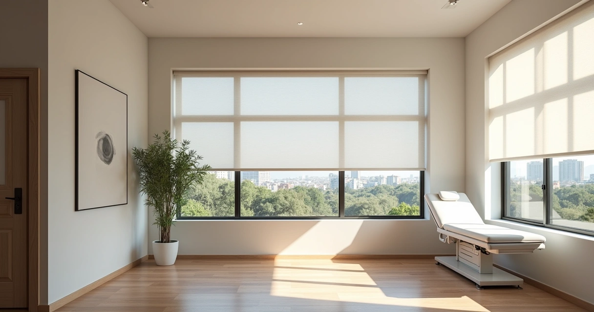 Ambiente de consultório médico com persianas sob medida controlando a entrada de luz