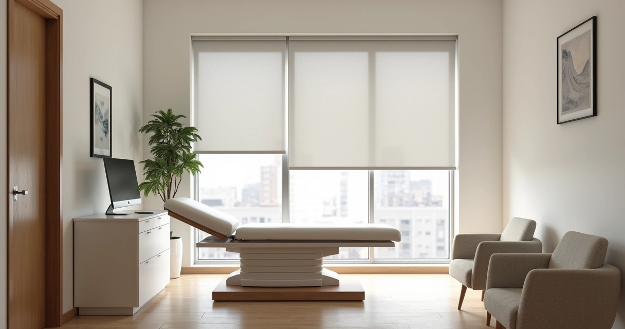 Consultório médico moderno em Curitiba com persianas sob medida na janela 