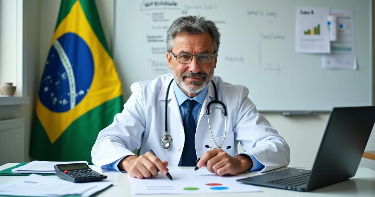 Médico fazendo planejamento financeiro com gráficos e calculadora na mesa