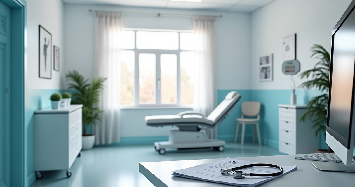 Consultório médico moderno com equipamentos, luz natural e cadeira de pacientes 