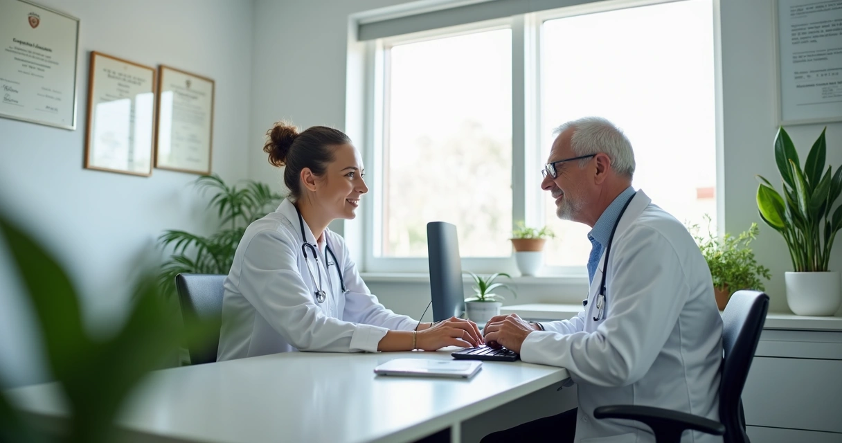 Ambulatório médico com médico e paciente em consulta 