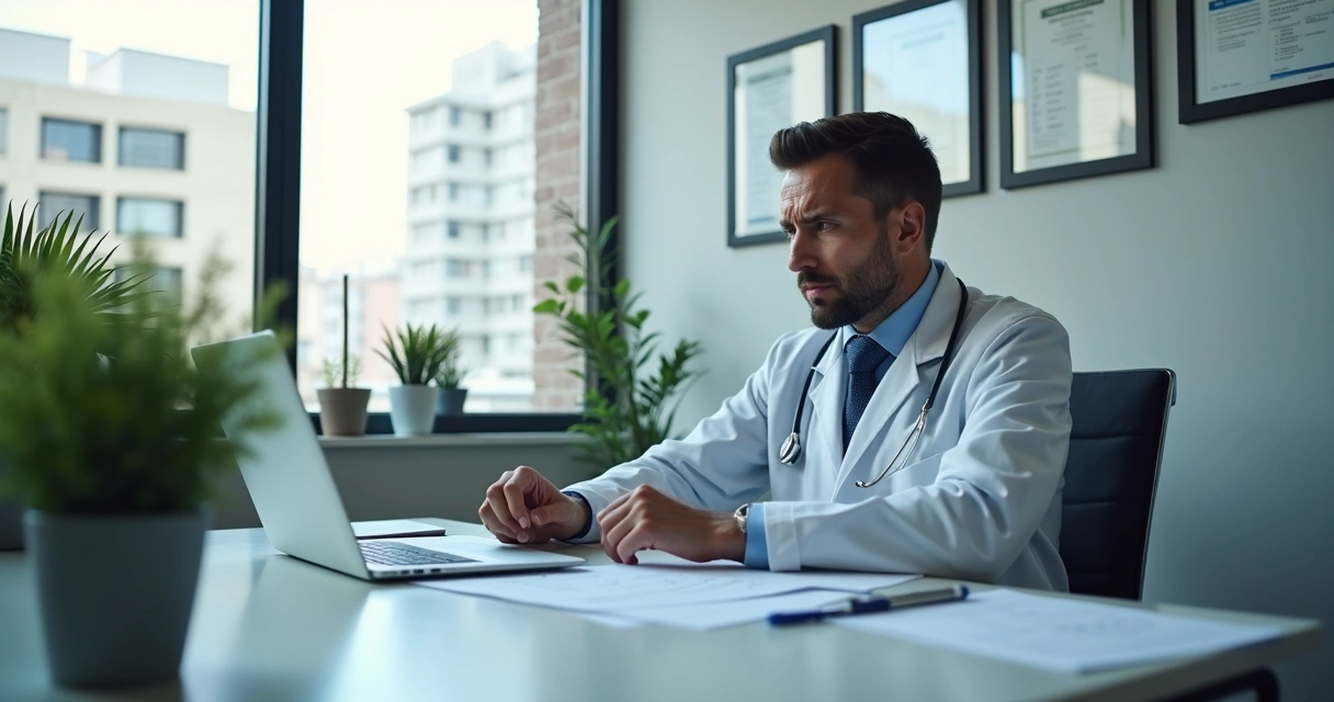 Consultório com profissional, documentos legais e semblante preocupado