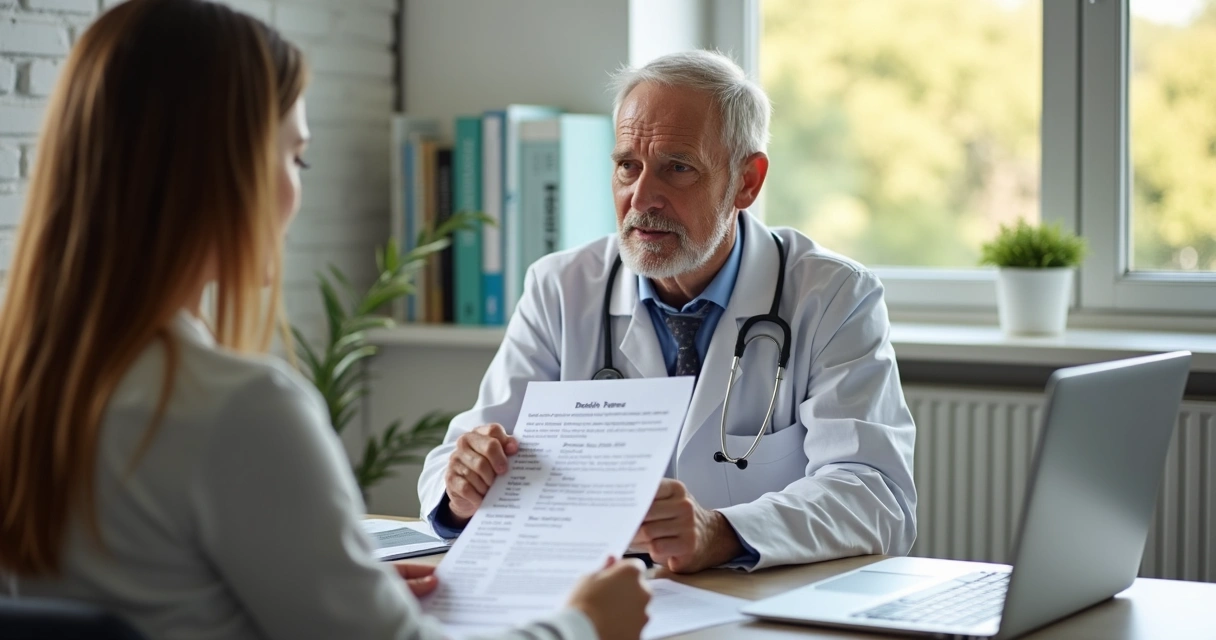 Consultório médico com prontuário e profissional 