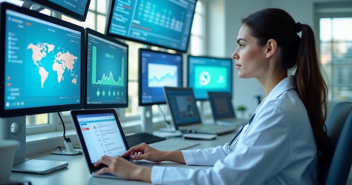 Consultório médico moderno com telas mostrando redes sociais 