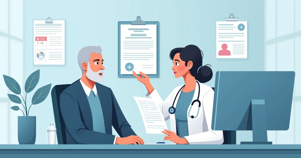 Profissional autônomo sentado em consultório médico, discutindo atestado de afastamento 