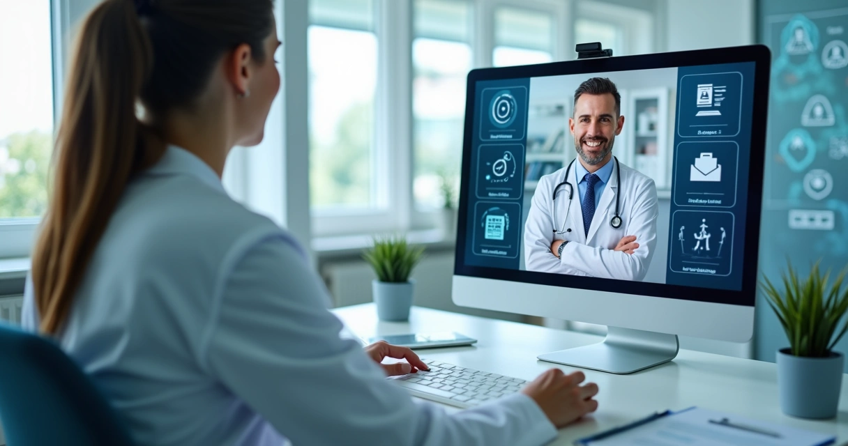 Consultório médico equipado com telas digitais e médico em videoconferência