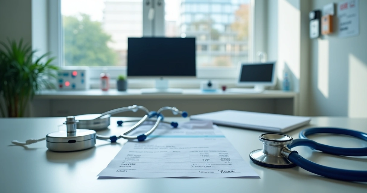 Consultório médico moderno com equipamentos e notas fiscais à mostra 