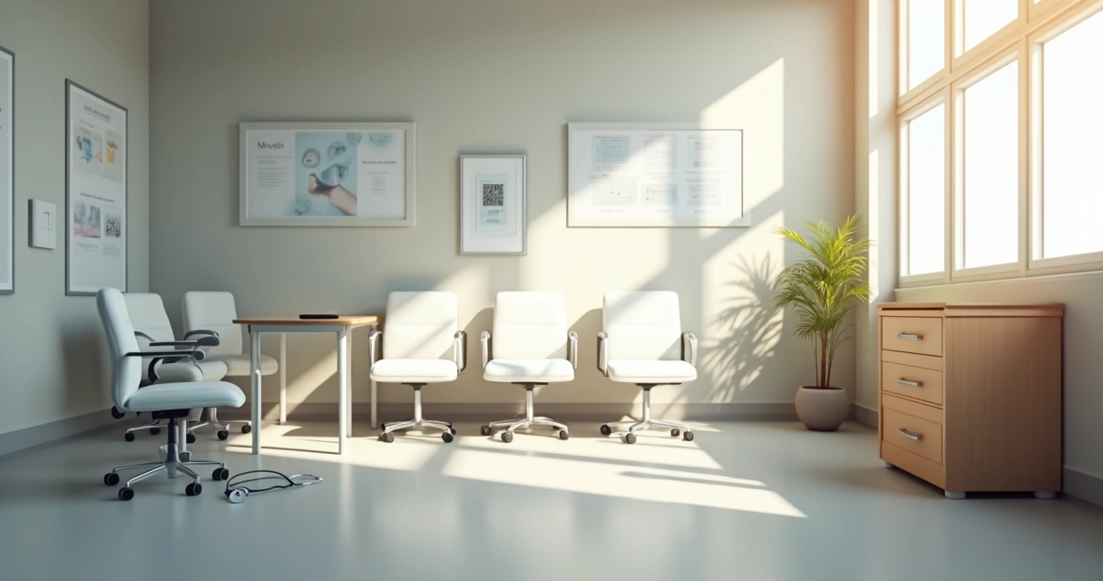 Consultório médico vazio com cadeiras e mesa de atendimento 