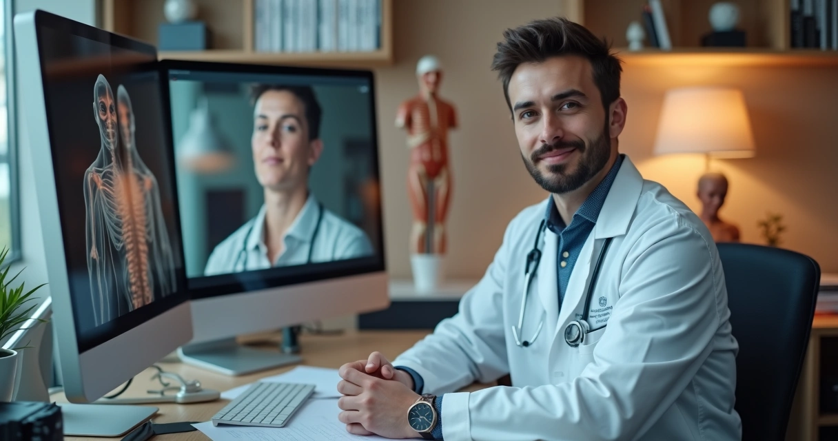 Médico gravando vídeo educativo em consultório moderno 