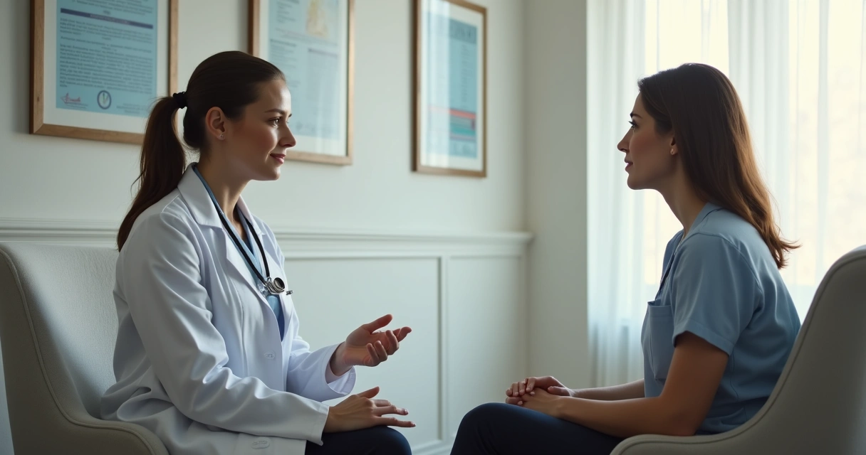 Médica endocrinologista conversa com paciente em consultório moderno