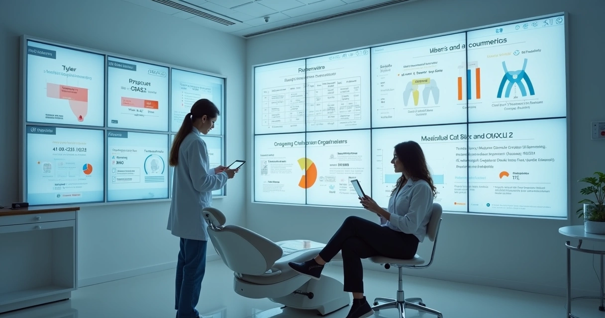 Sala de consultório moderna com telas mostrando automação de indicações