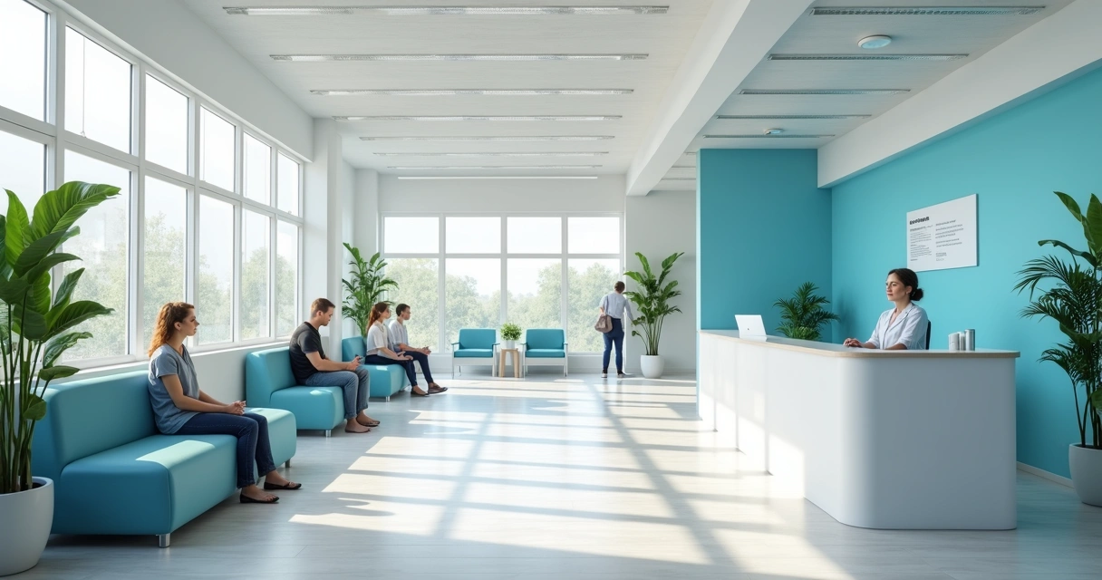 Recepção de clínica moderna com pacientes esperando. 