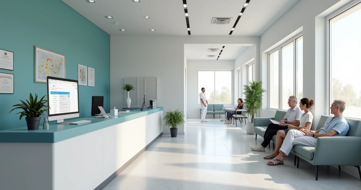 Recepção de consultório médico moderno, com computador exibindo agendamento online 