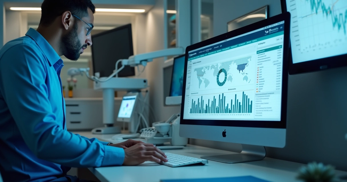 Profissional usando sistema financeiro digital no consultório 